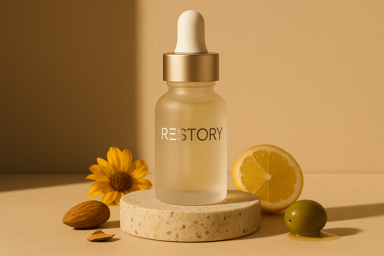 RESTORY Nagelöl gegen Nägelkauen – veganes, natürliches Pflegeöl mit Bitterstoff, Jojobaöl, Aprikosenkernöl, Olivenöl, Sonnenblumenöl und Vitamin E; stärkt Nägel, pflegt die Nagelhaut und unterstützt gesundes Nagelwachstum – Produktflasche auf beigem Podest inszeniert