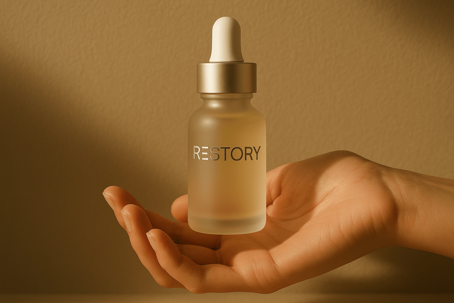 RESTORY Nagelöl gegen Nägelkauen – sanfte, vegane Formel mit Bitterstoff – frontal in weiblicher Hand vor warmer Studio-Kulisse gehalten