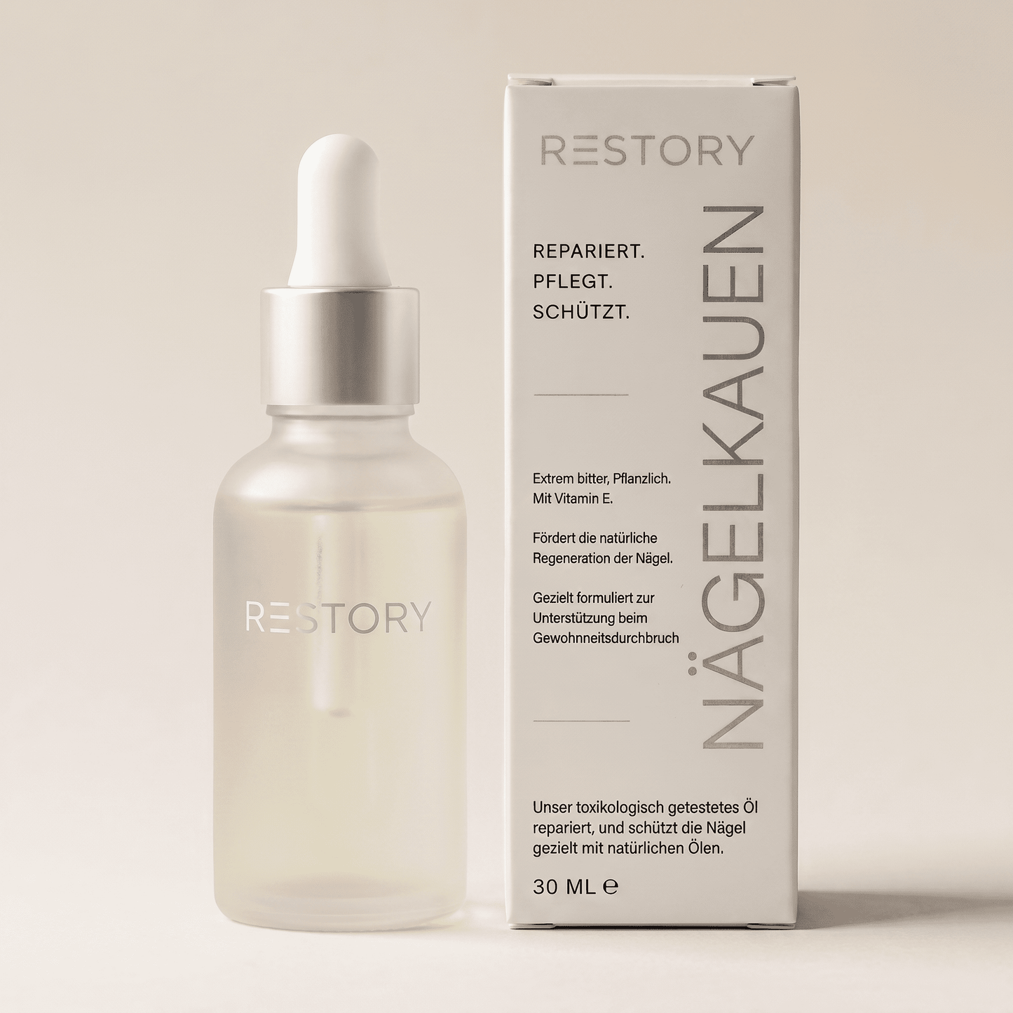 RESTORY Nagelöl gegen Nägelkauen – Flasche und Verpackung frontal