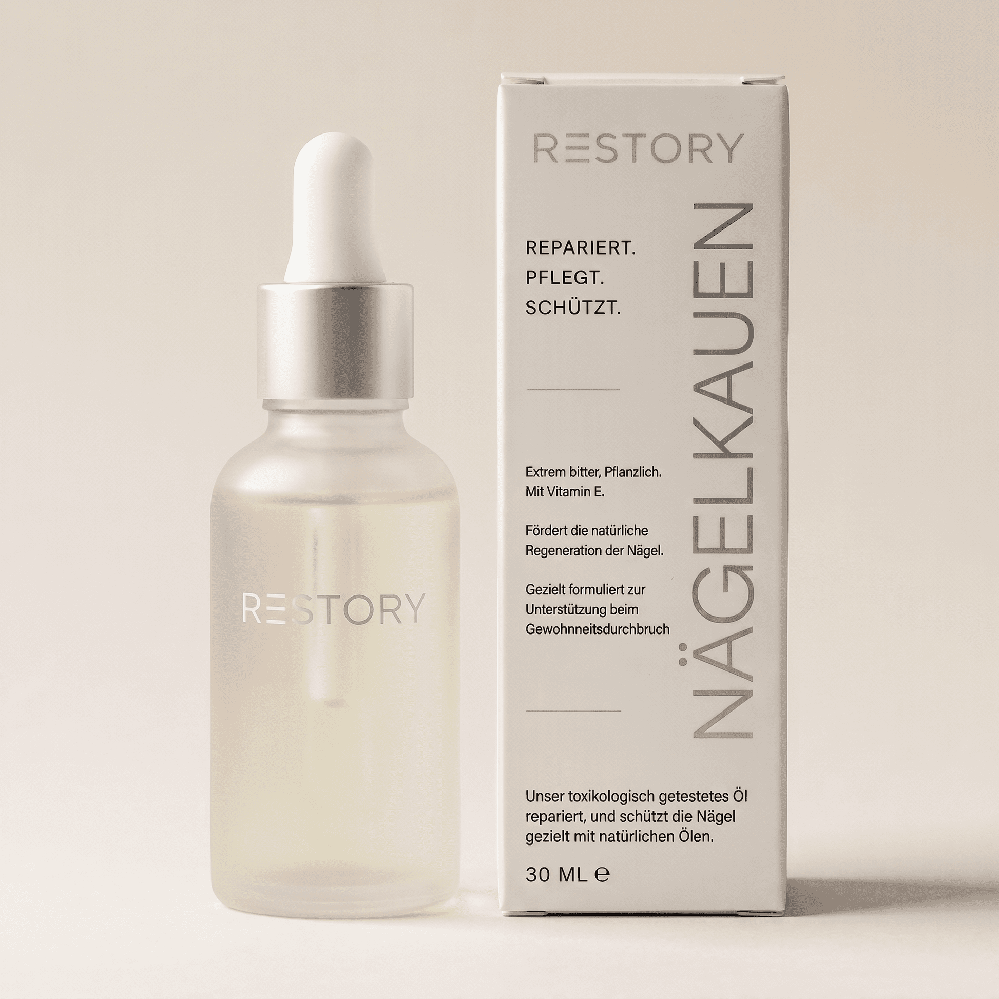 RESTORY Nagelöl gegen Nägelkauen – Flasche und Verpackung frontal