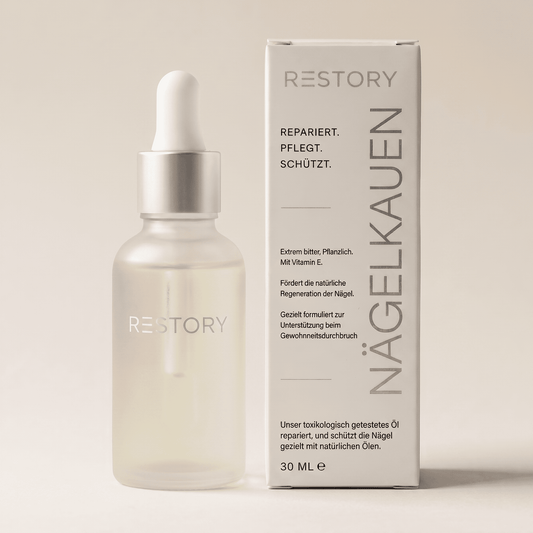RESTORY Nagelöl gegen Nägelkauen – Flasche und Verpackung frontal