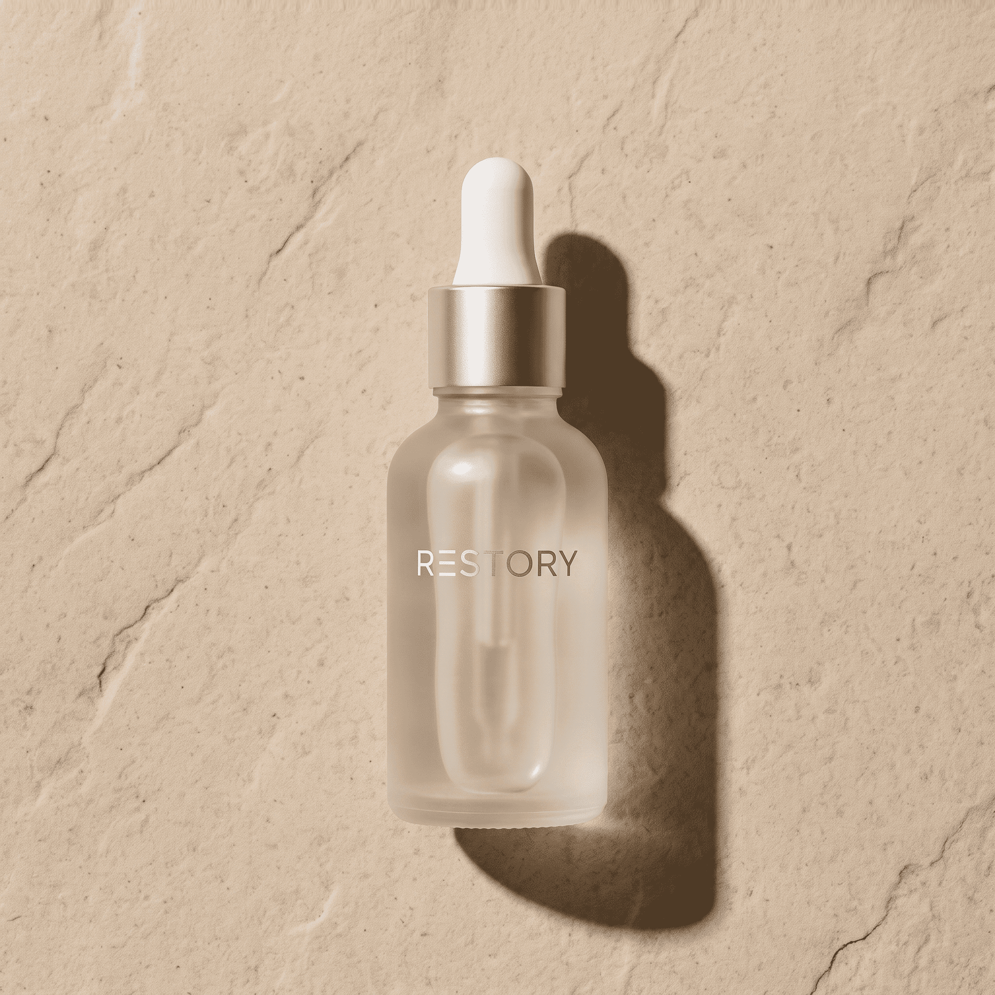 RESTORY Nagelöl Flasche von oben auf Sandstein – veganes Öl gegen Nägelkauen
